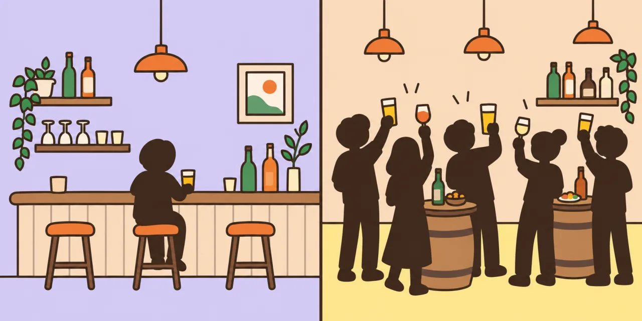 同じお酒の店でも、静かなカウンター席と、にぎやかな立ち飲みでは気分がちがうことを並べたイラスト