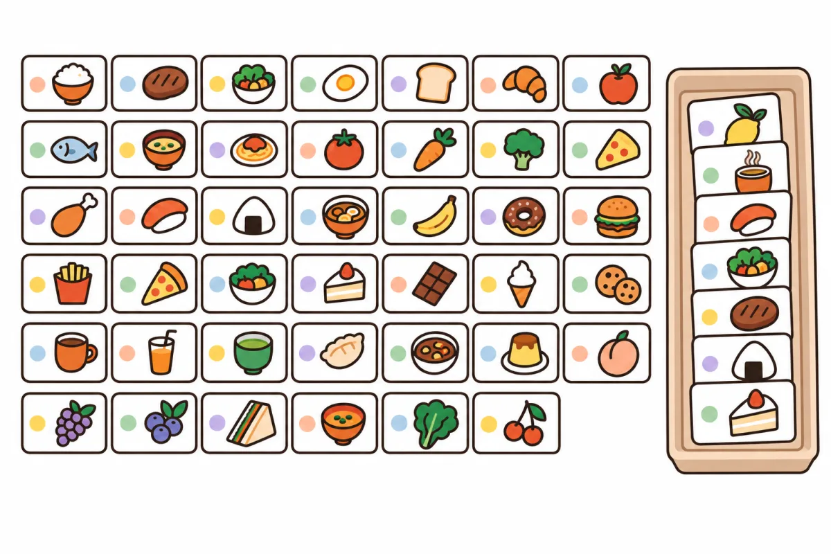 机に並べた48枚のお店カードのうち、7枚を脇の箱に分けたイラスト